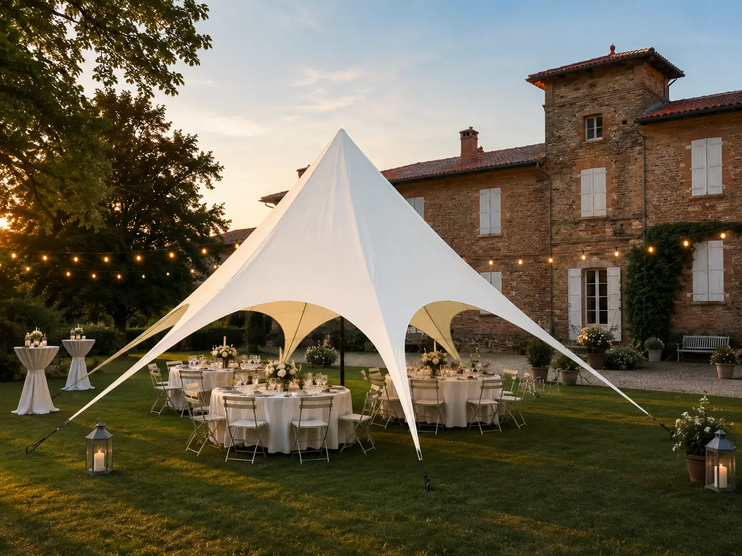 Location de chapiteau de mariage à Toulouse — canopée toile tendue en lumière dorée