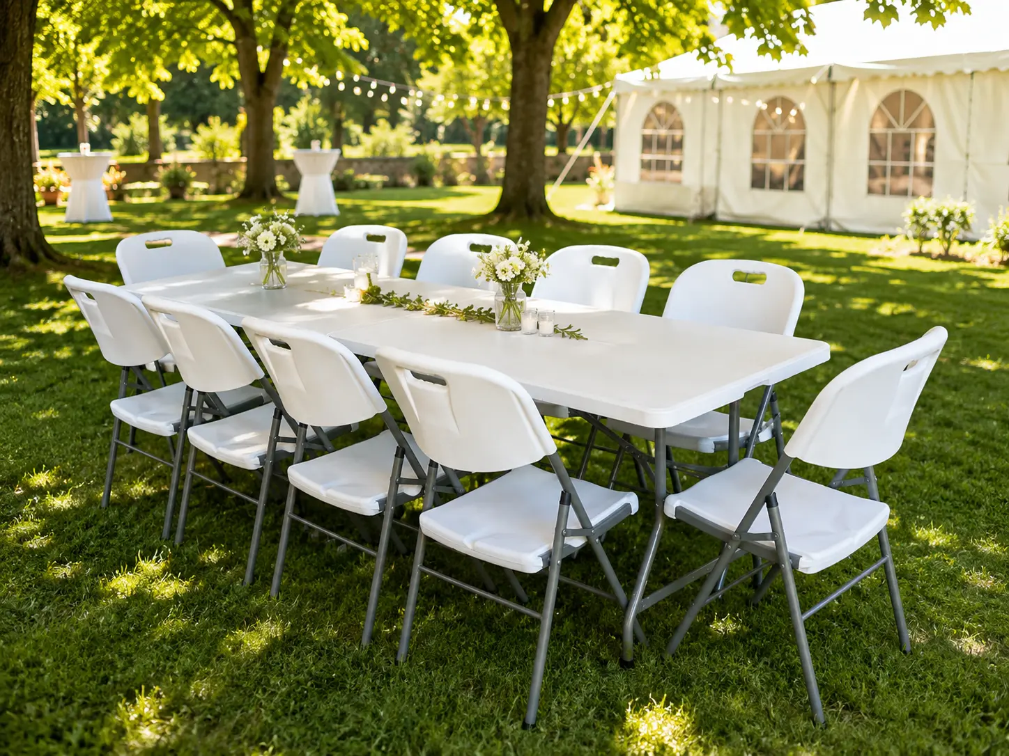 Location de tables et chaises pliantes blanches dressées dans un jardin à Toulouse